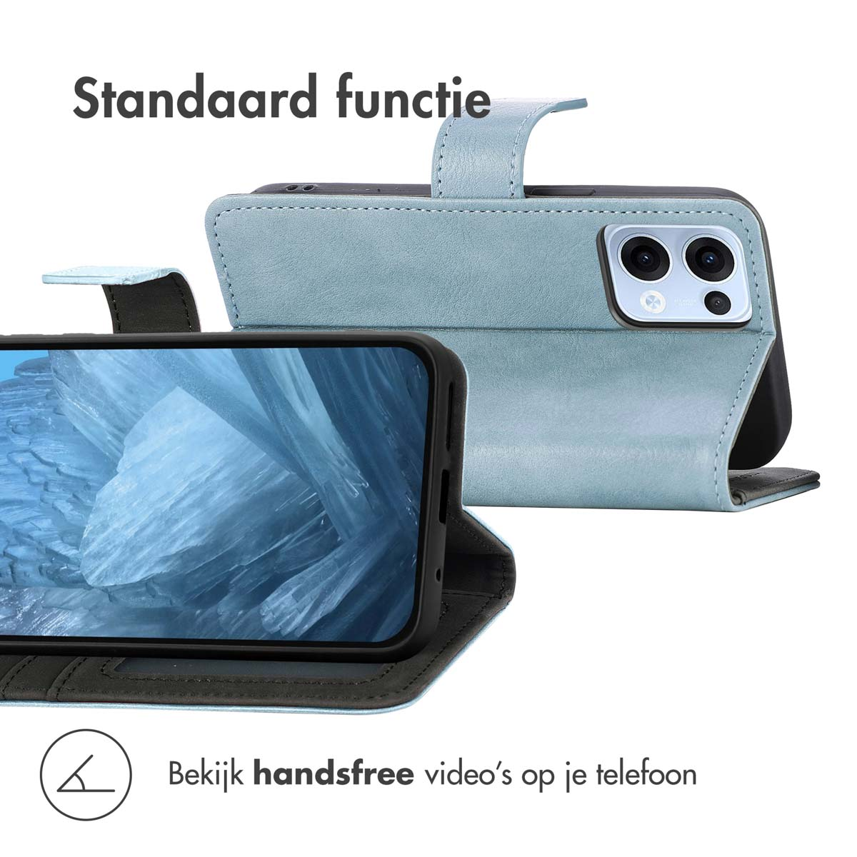 Un étui de téléphone avec un téléphone à l'intérieur, affichant une image de paysage, étui ouvert.