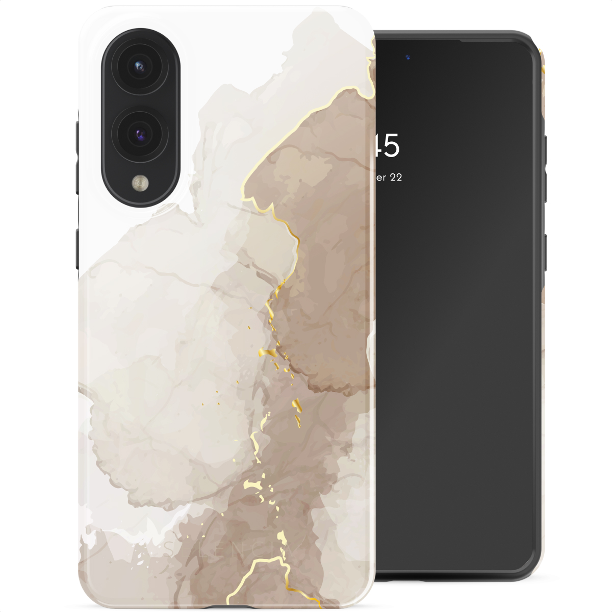 Custodia bianca per telefono con design in marmo beige e dettagli dorati, accanto a un telefono con schermo nero.