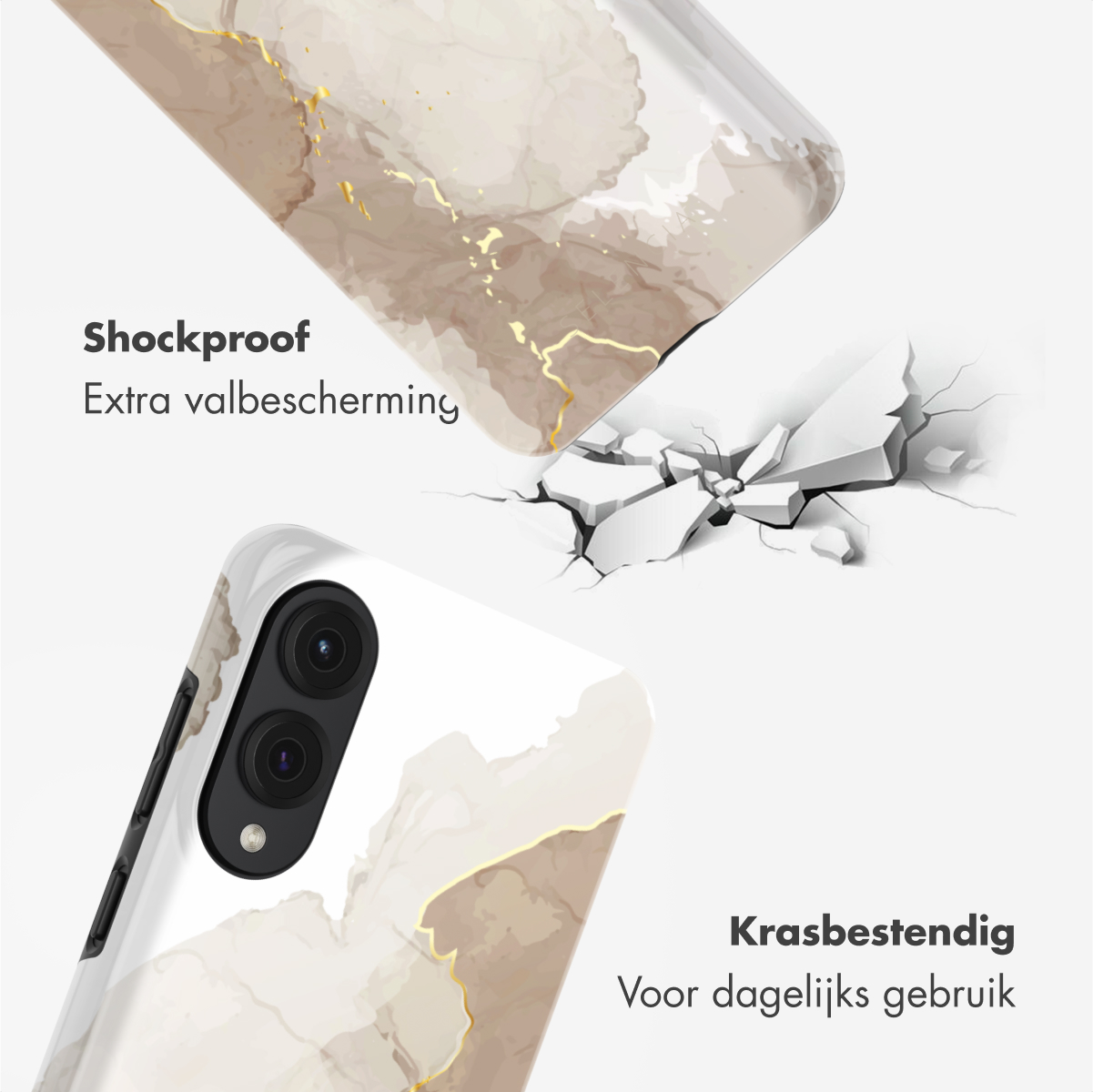 Custodia per telefono con design in marmo beige, che mostra caratteristiche antiurto e antigraffio, su sfondo bianco.