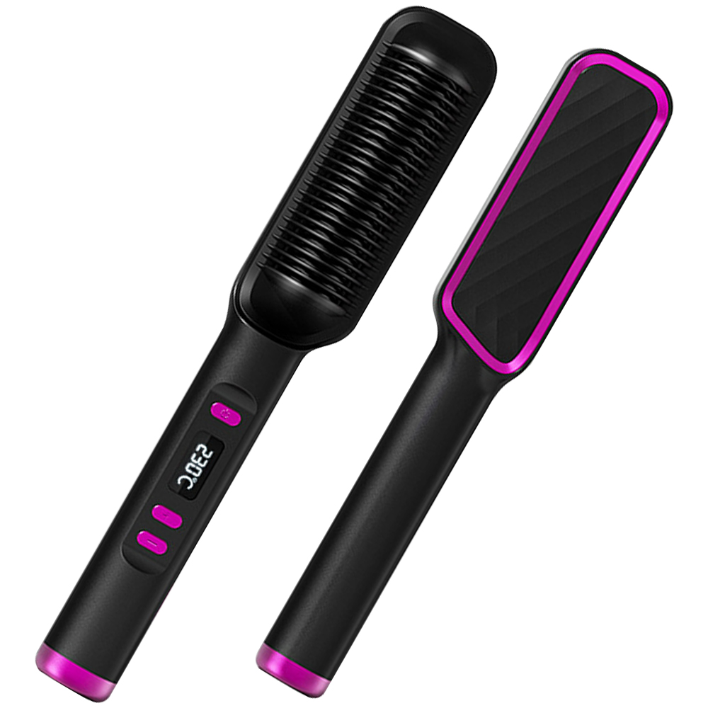 Zwei schwarze und pinkfarbene Haarglätter. Einer hat eine Digitalanzeige mit 230°C.