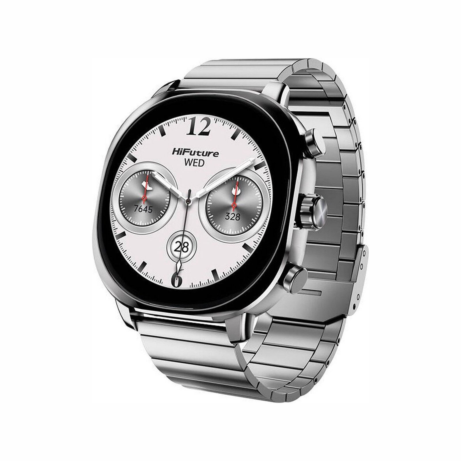 Srebrny smartwatch HiFuture z białym wyświetlaczem, pokazujący czas i inne wskaźniki. Biały.