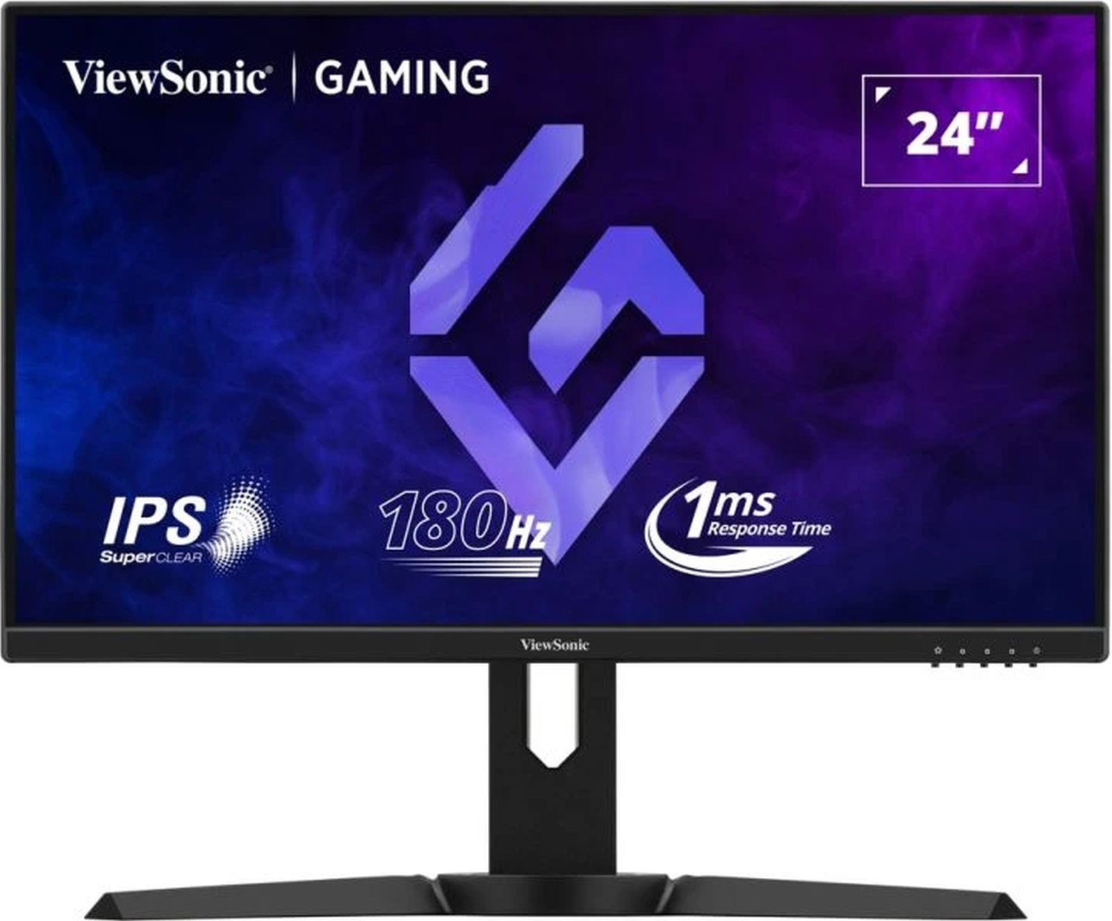 Monitor gaming de 24 pulgadas. Marco negro, logo ViewSonic, IPS, 180Hz, y 1ms de tiempo de respuesta.
