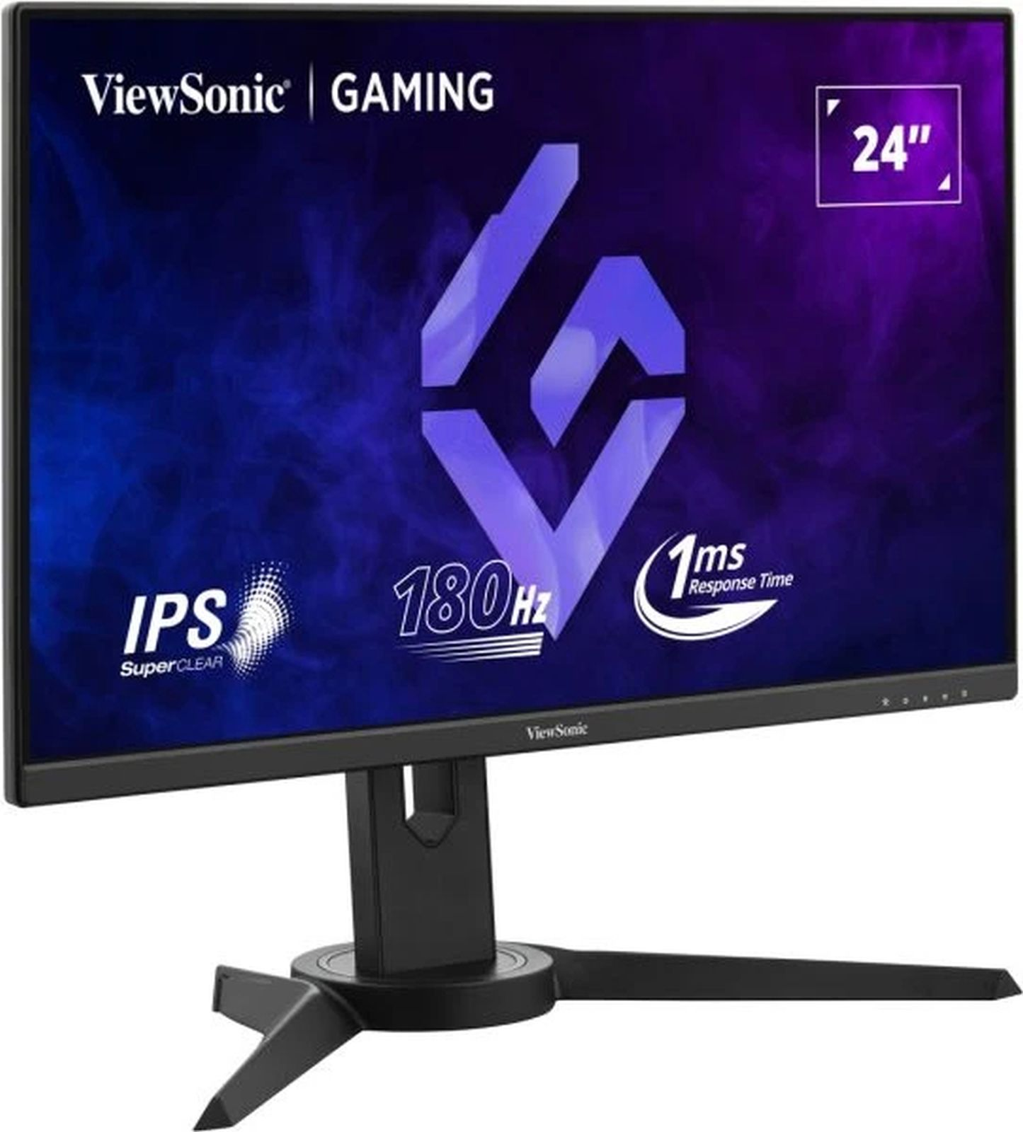 Monitor gaming de 24 pulgadas. Marco negro, logo ViewSonic, IPS, 180Hz, y 1ms de tiempo de respuesta.
