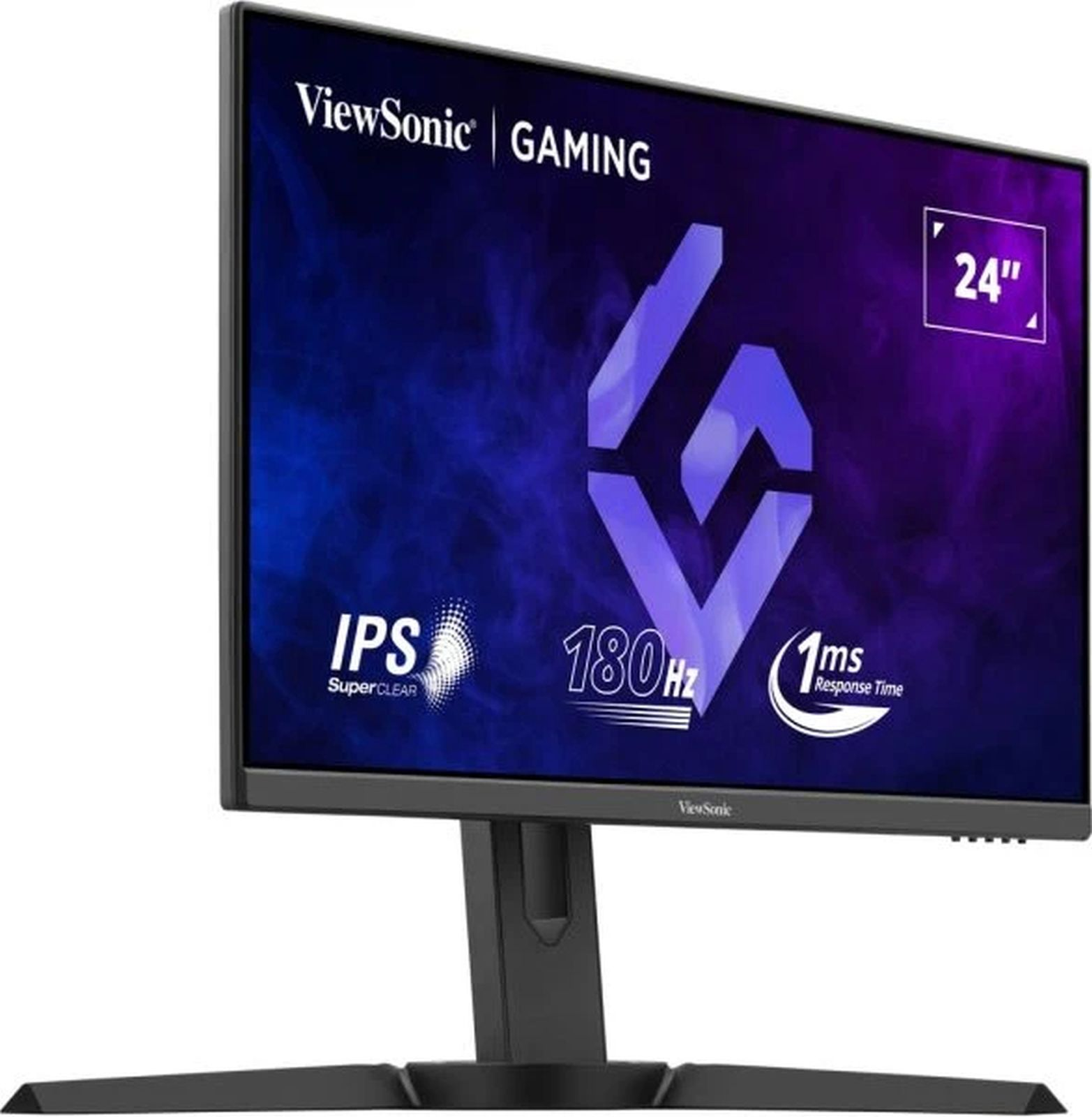 Monitor gaming de 24 pulgadas. Marco negro, logo ViewSonic, IPS, 180Hz, y 1ms de tiempo de respuesta.