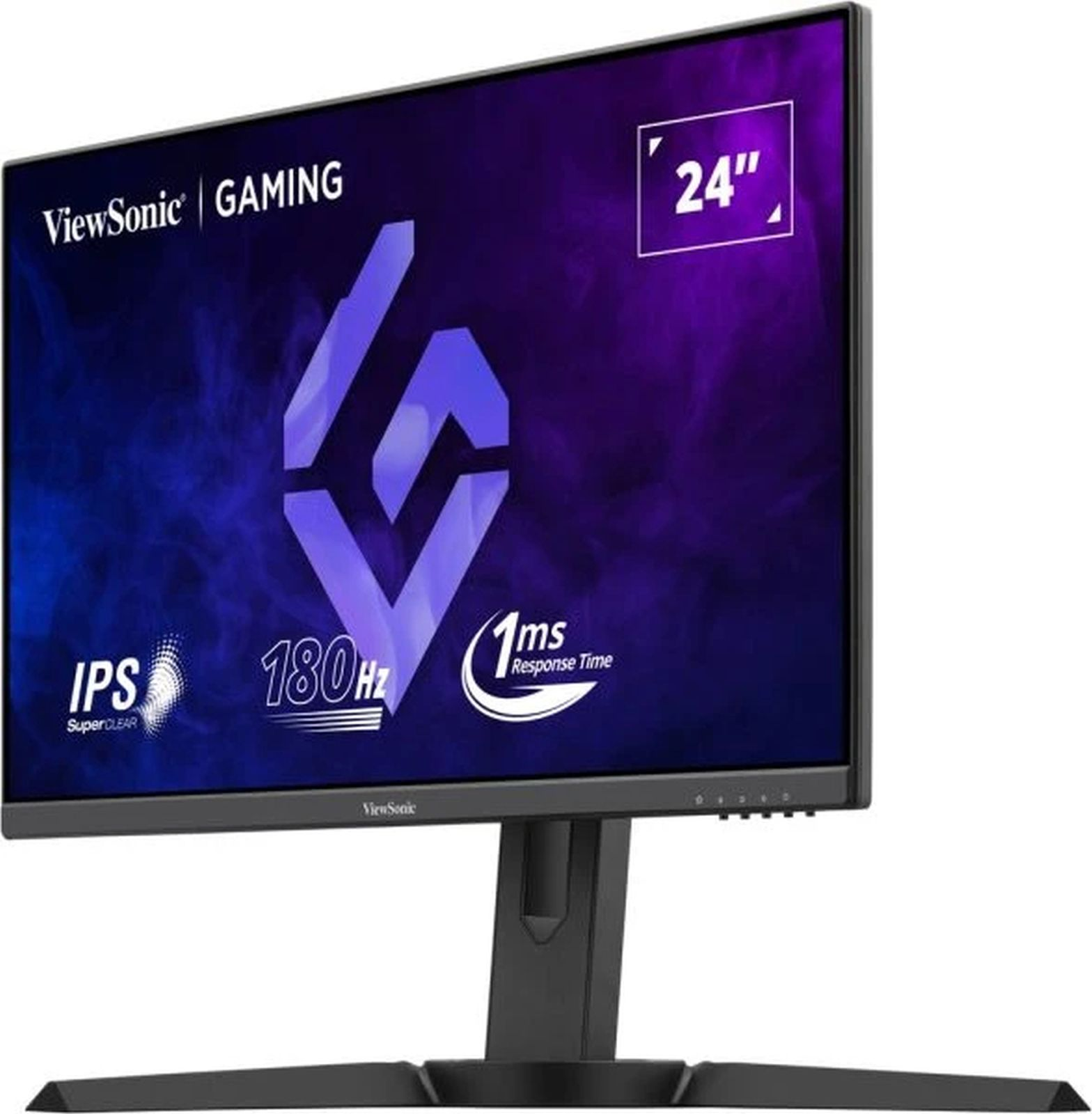 Monitor gaming de 24 pulgadas. Marco negro, logo ViewSonic, IPS, 180Hz, y 1ms de tiempo de respuesta.