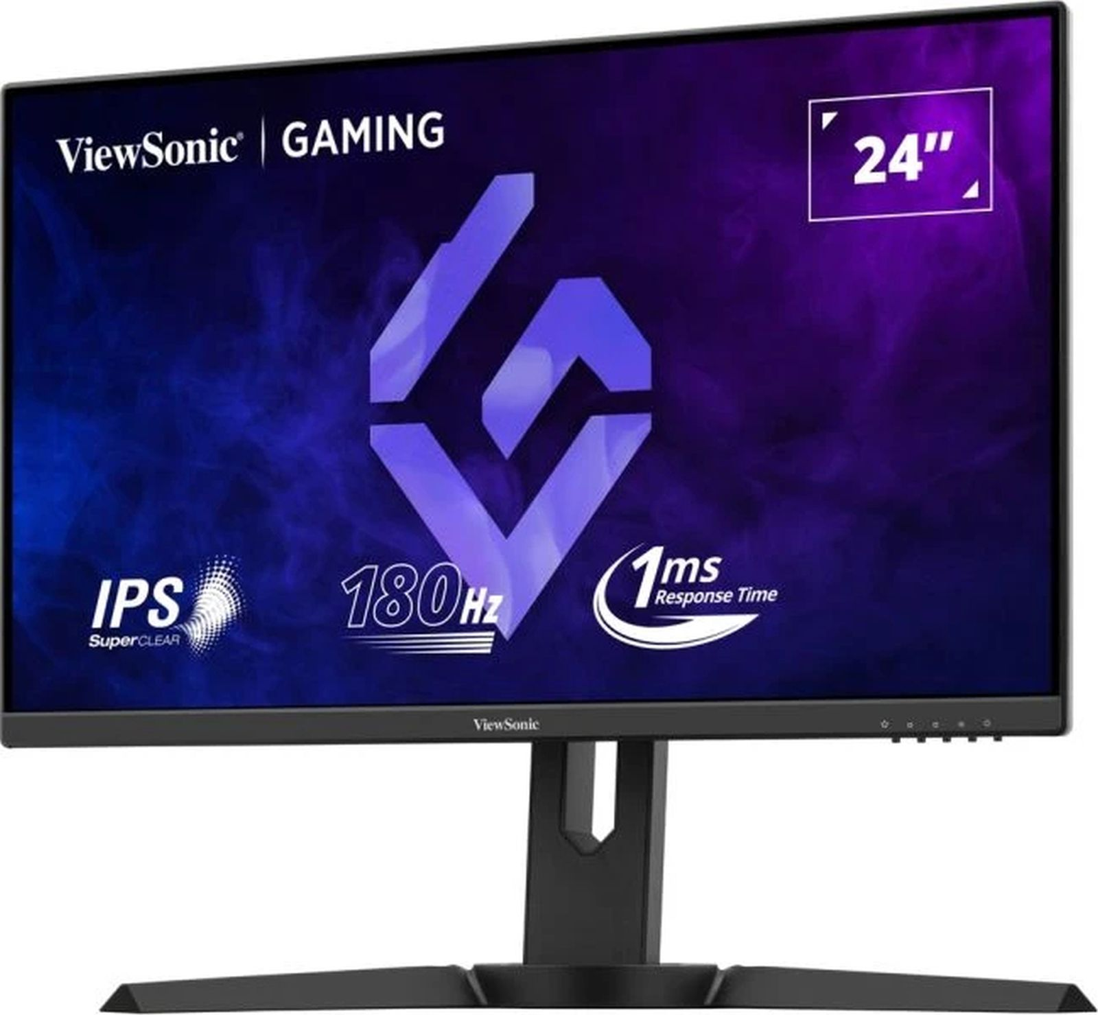 Monitor gaming de 24 pulgadas. Marco negro, logo ViewSonic, IPS, 180Hz, y 1ms de tiempo de respuesta.