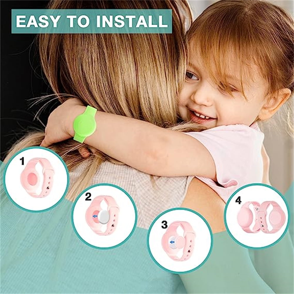 Ein Kind umarmt eine Person. Mehrere rosa Armbänder werden gezeigt, mit dem Text 'EASY TO INSTALL'.