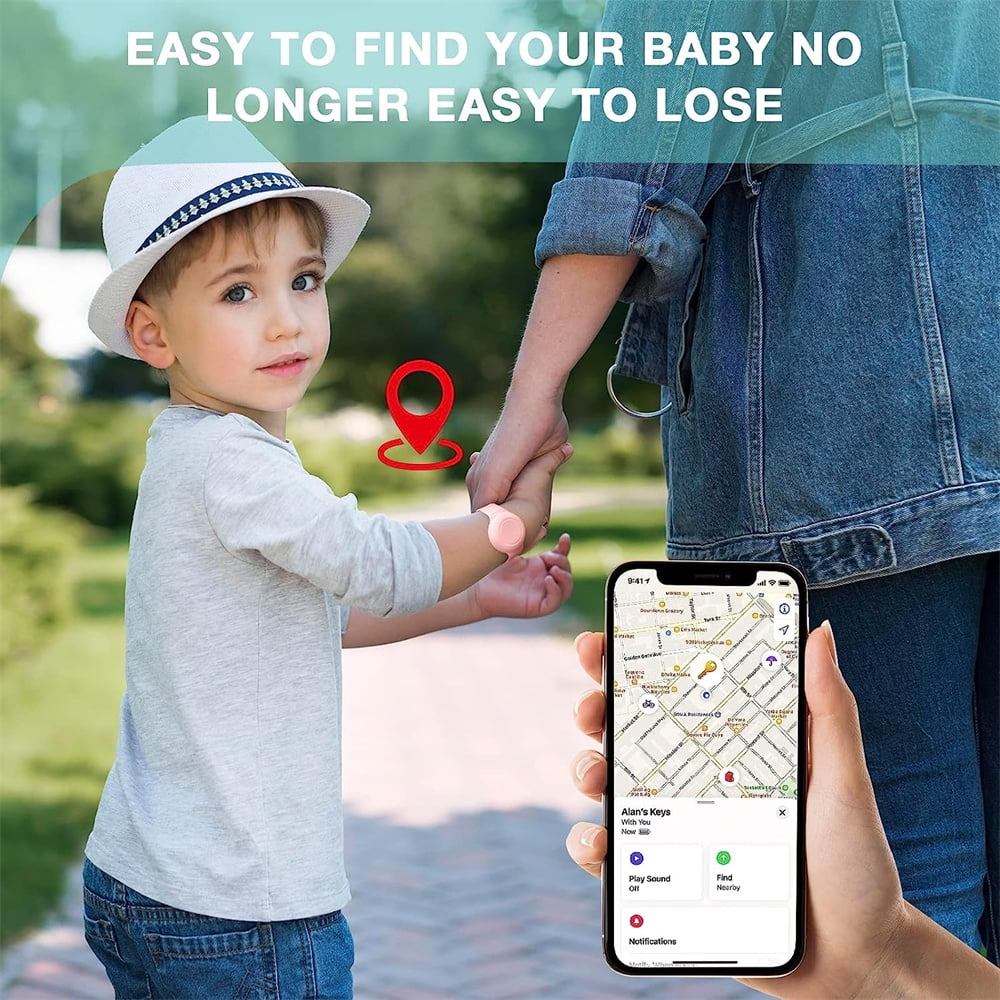Eine Frau hält die Hand eines Babys, in der Nähe eines Telefons mit einer Karte und einem roten Pin. Der Text lautet: 'EASY TO FIND YOUR BABY'.
