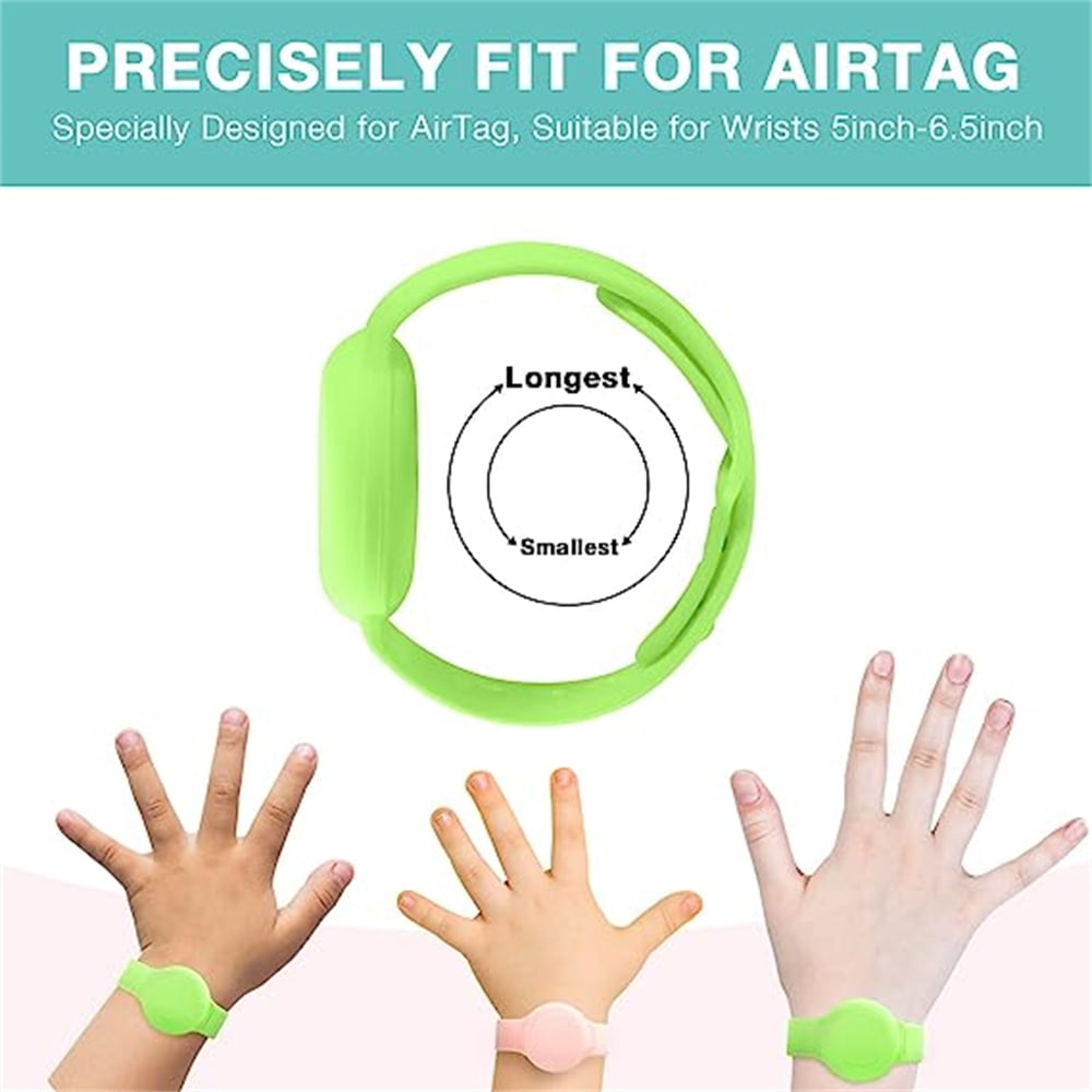 Grünes AirTag-Armband, mit drei Händen, die verschiedene Größen zeigen, und Text, der den Handgelenkumfang angibt.