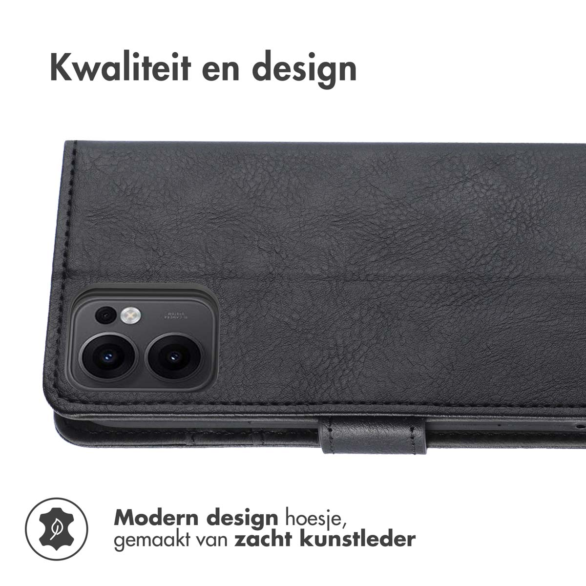 Een zwarte telefoonhoes met een telefoon erin. De hoes is open. De tekst is in het Nederlands. Er staat 'Kwaliteit en design'.