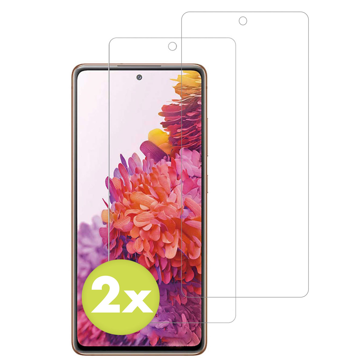 Uno smartphone con due protezioni schermo, con un adesivo 2x sopra il telefono, su sfondo bianco.