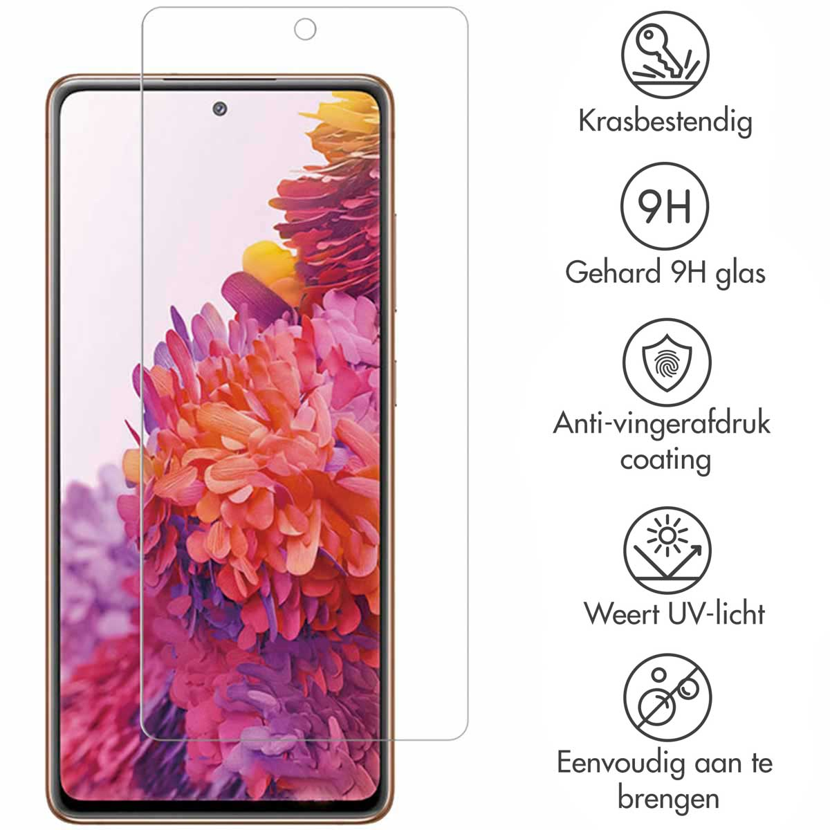 Un proteggi schermo per telefono viene mostrato con un telefono. Ci sono icone che descrivono le caratteristiche del protettore.