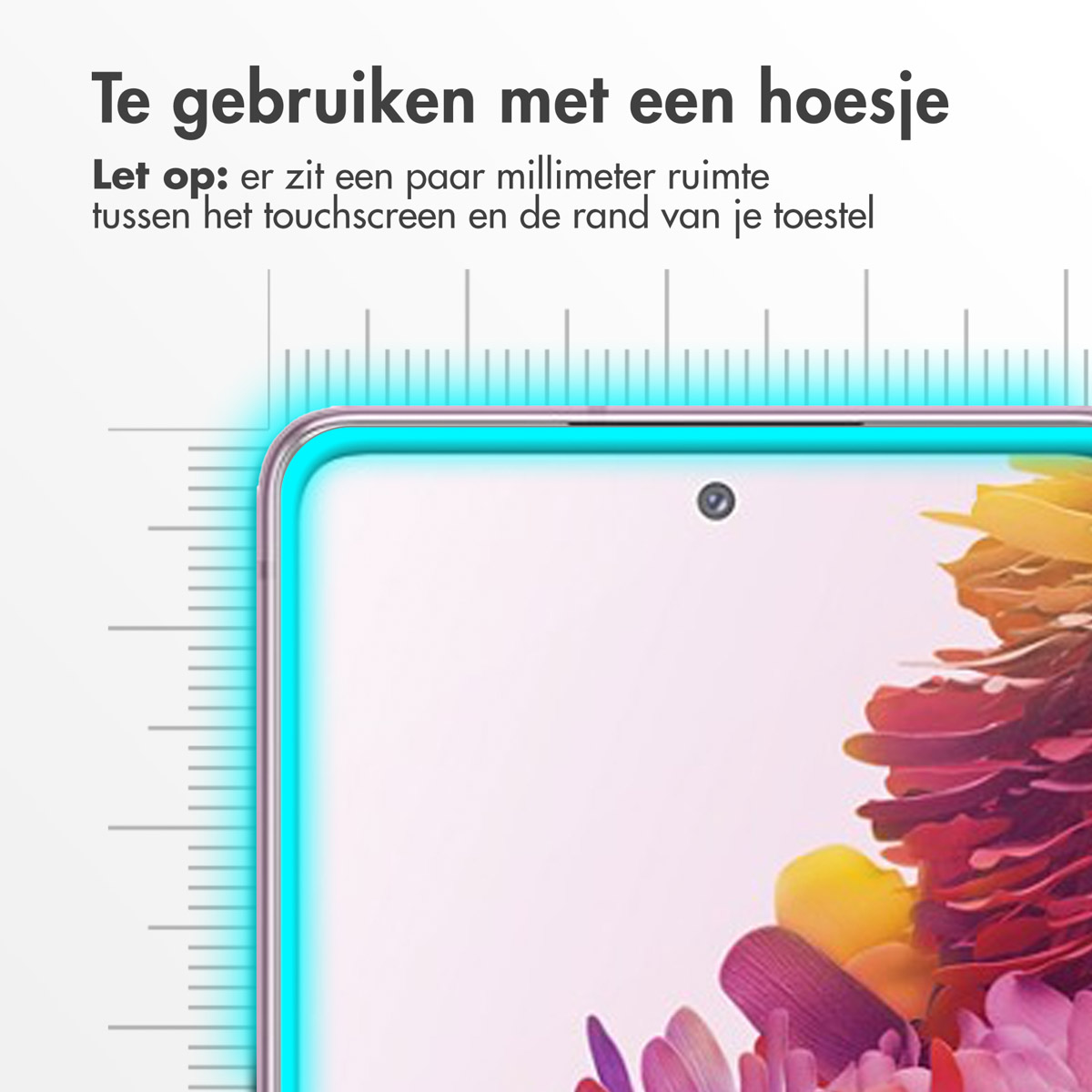 Un primo piano dello schermo e della custodia di un telefono, che mostra un righello per illustrare lo spazio tra lo schermo e la custodia.