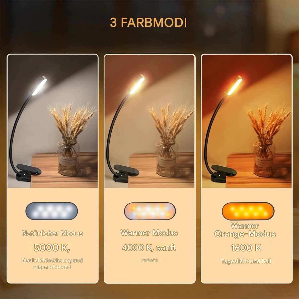 Drei Lampen mit verschiedenen Lichtmodi. Der Hintergrund ist schwarz und das Licht ist an.