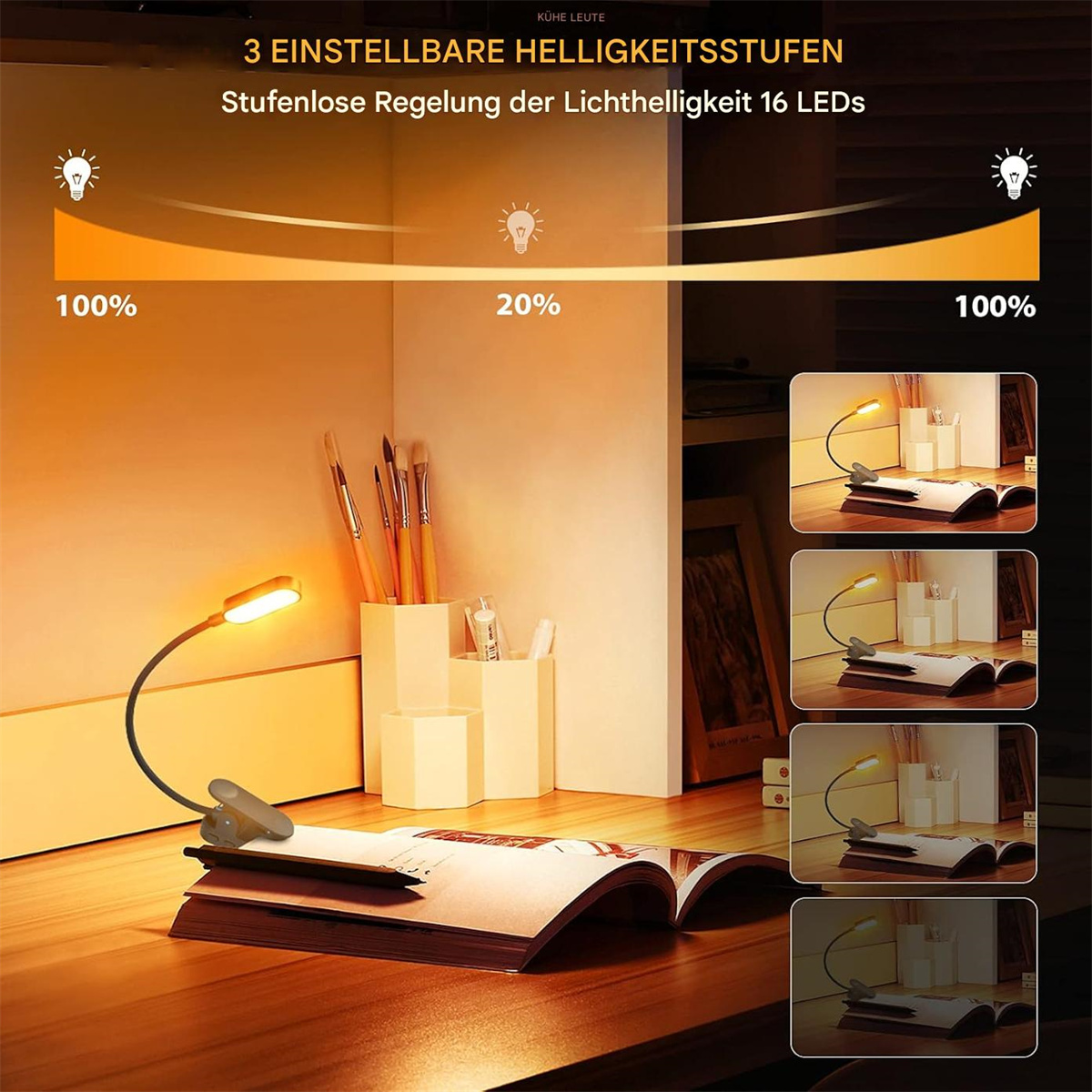 Eine Leselampe steht auf einem Holztisch mit einem Buch. Der Text lautet: '3 einstellbare Helligkeitsstufen'.