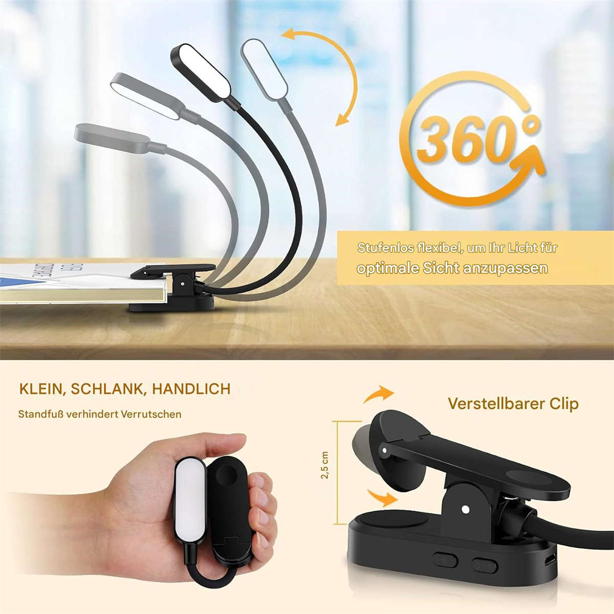 Schwarze Leselampe mit verstellbaren Armen, an einer Holzoberfläche befestigt. Das Licht biegt sich um 360 Grad.