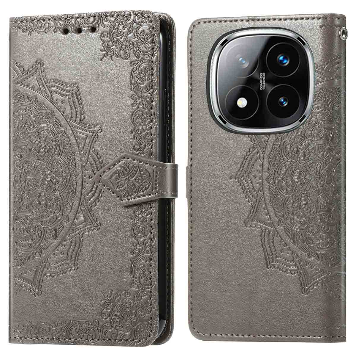 Un étui de téléphone en cuir marron, avec un motif mandala et une fermeture magnétique. Le téléphone n'est pas visible.