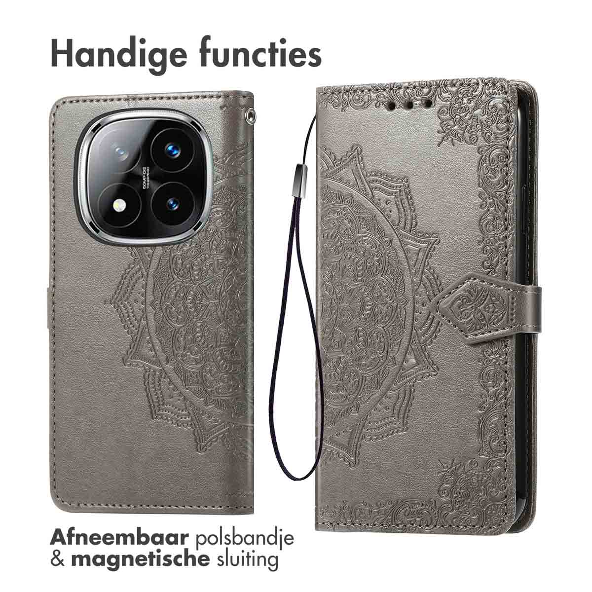 Un étui de téléphone avec un motif de mandala, ouvert pour révéler le téléphone et les fentes pour cartes.