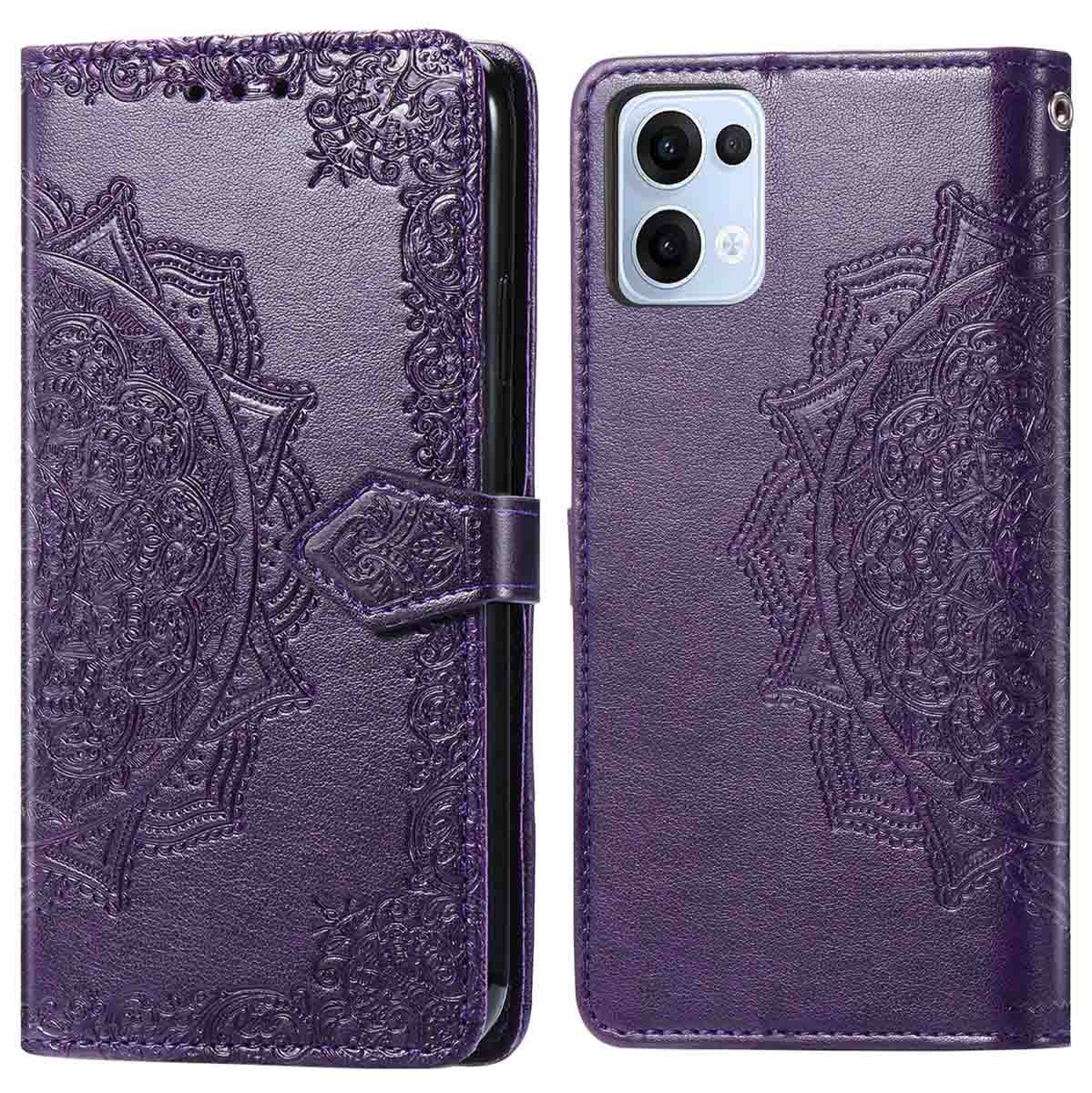 Custodia viola per telefono con design mandala, aperta. Contiene carte e telefono. Mostra 'Never Settle'.