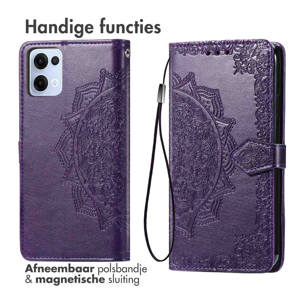 Custodia per telefono viola con cinturino da polso staccabile e chiusura magnetica su sfondo bianco.