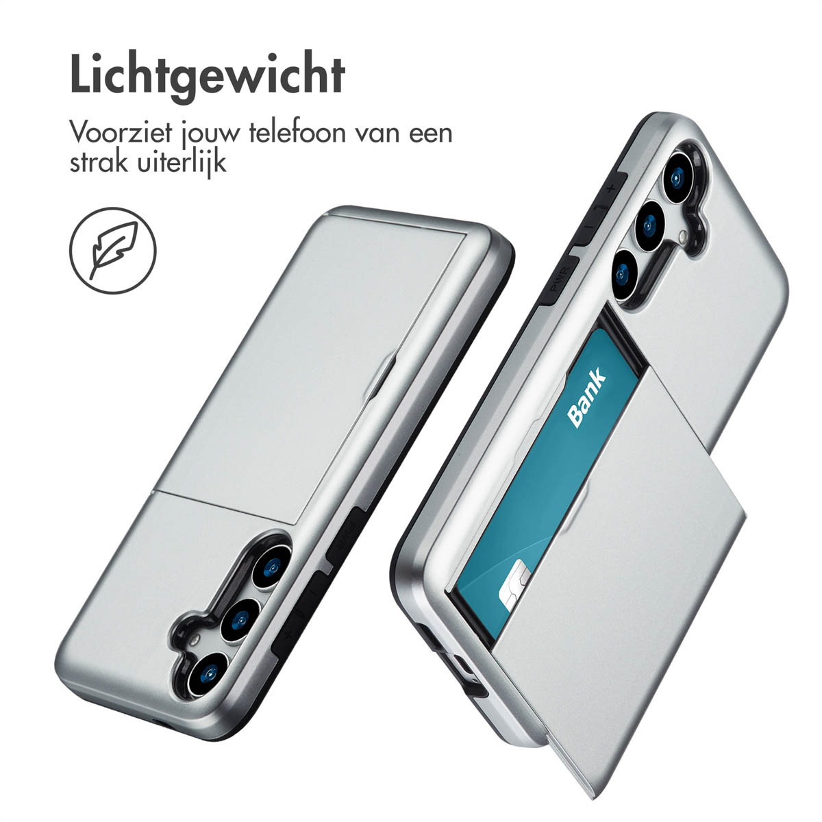 Zilveren telefoonhoesjes met kaartsleuven. Eén heeft een kaart erin. Ze zijn lichtgewicht.