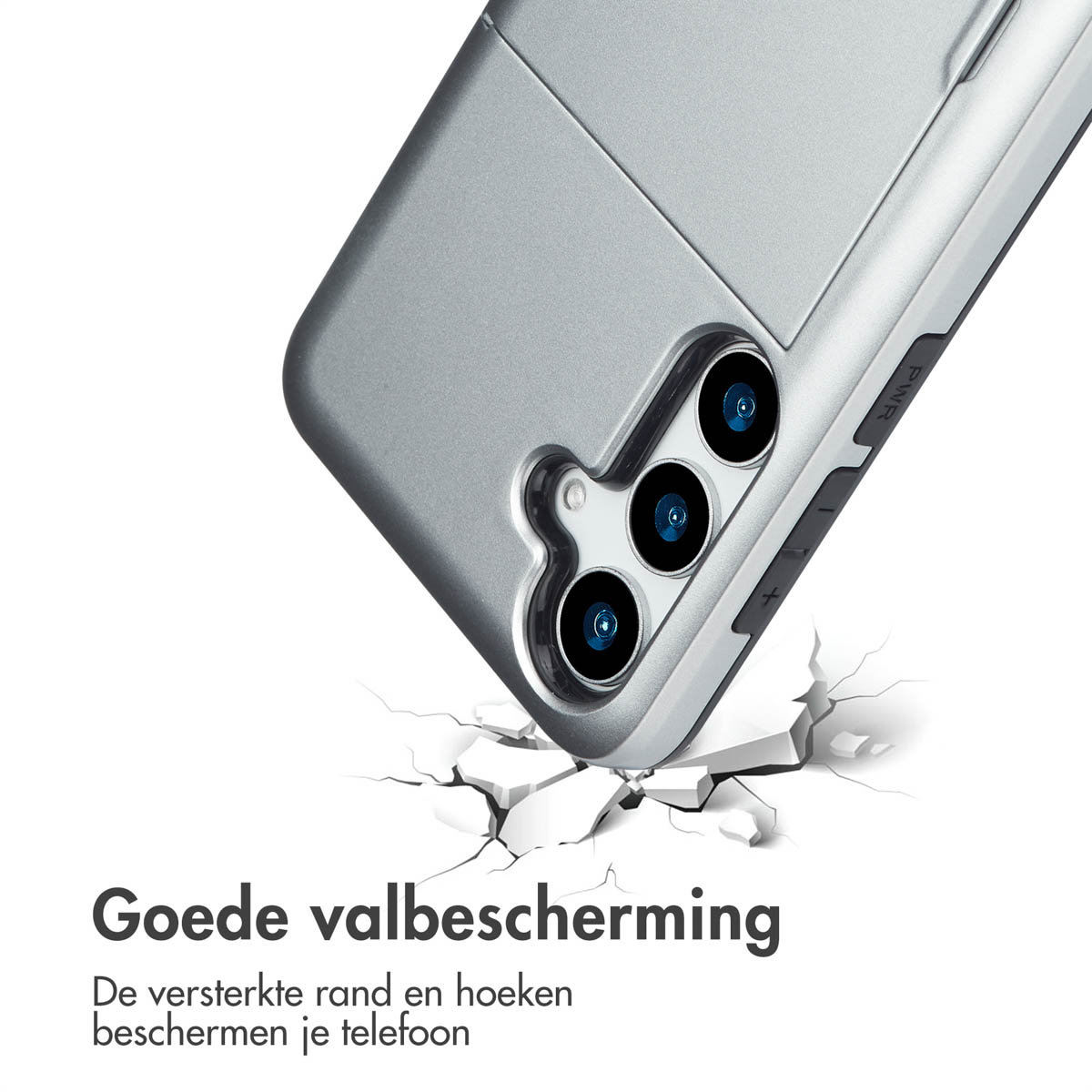 Een telefoonhoesje met de telefoon die valt. De hoes heeft valbescherming.