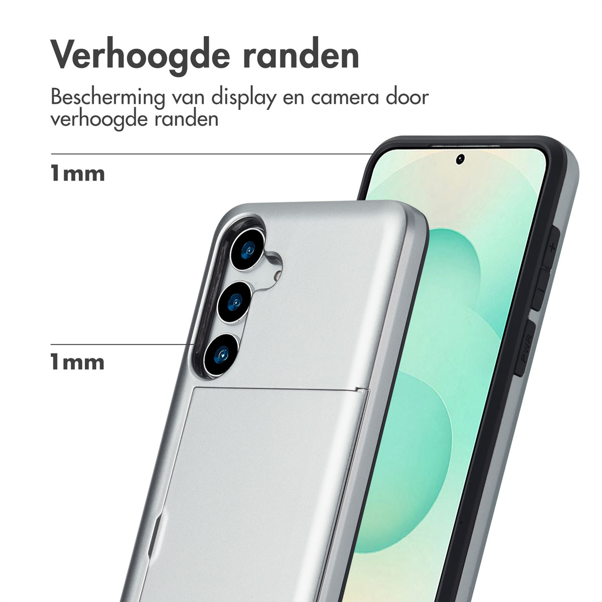 Zilveren telefoonhoesje met verhoogde randen. De telefoonhoes en telefoon zijn close-up met de tekst '1mm'.