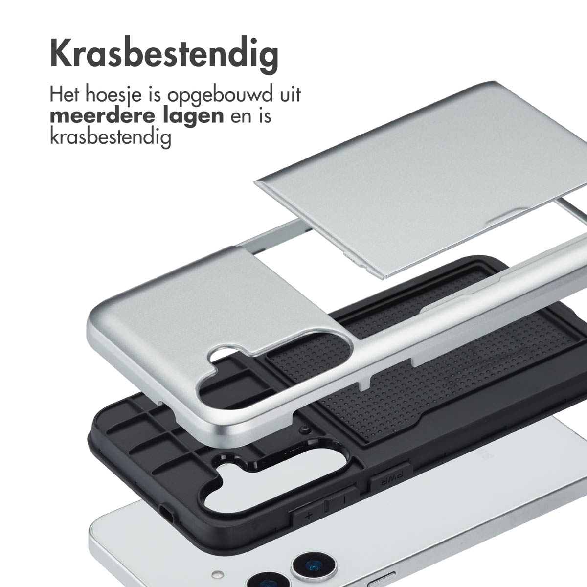 Lagen van een telefoonhoesje. De hoes is krasbestendig en heeft meerdere lagen.