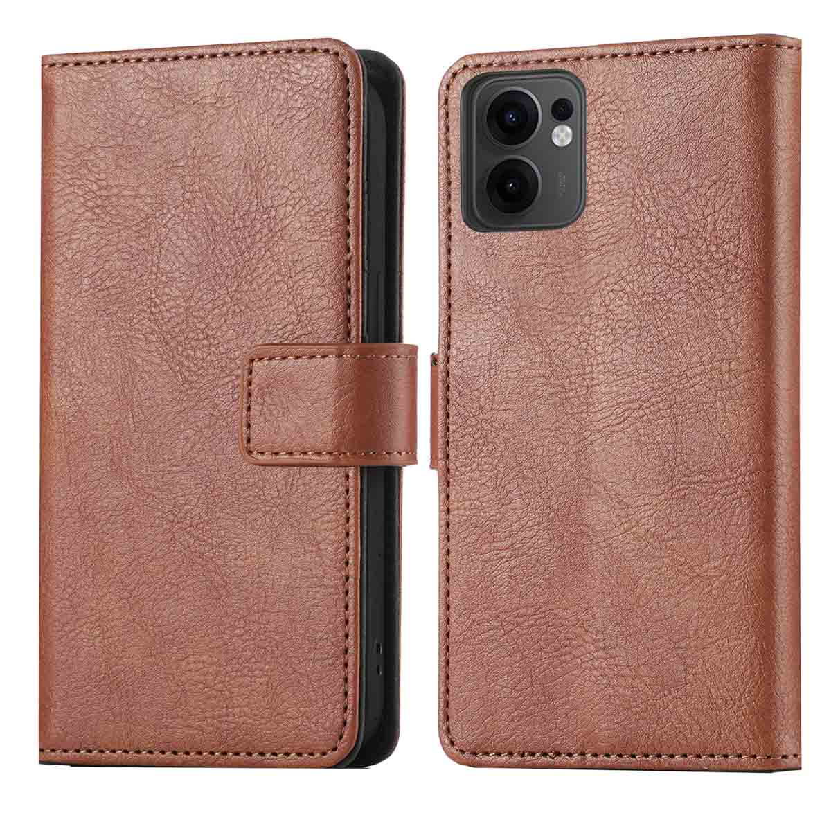 Bruin leren telefoonhoesje in open toestand. Telefoon wordt vastgehouden door een zwarte plastic hoes.