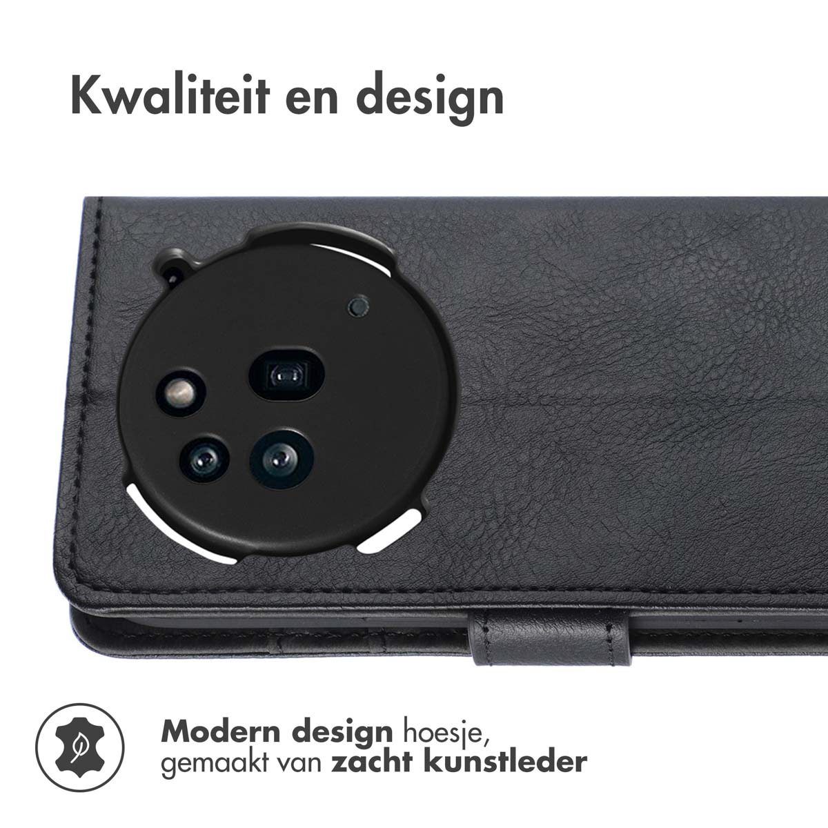 Close-up van een zwart leren telefoonhoesje, de achterkant met cameragat tonend.