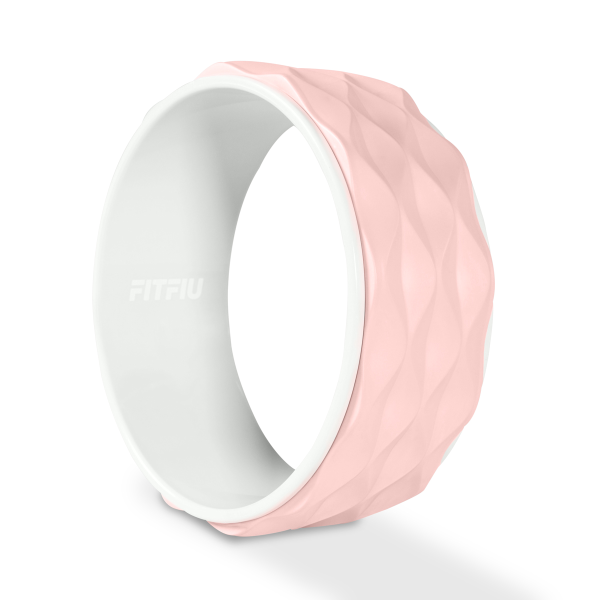Rueda de ejercicio rosa con interior blanco.