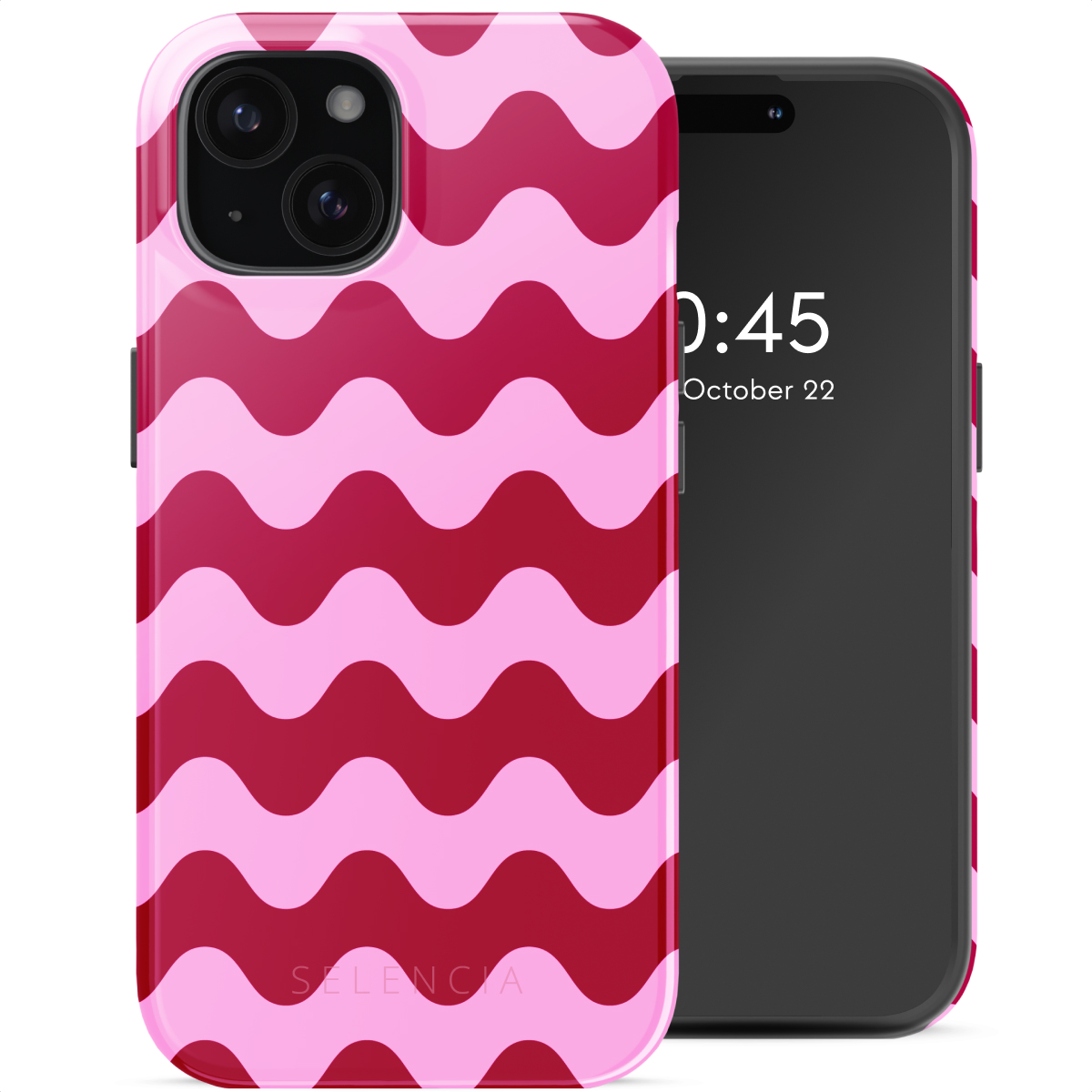 Custodia rosa con motivo a onde. È visibile un telefono con orologio.