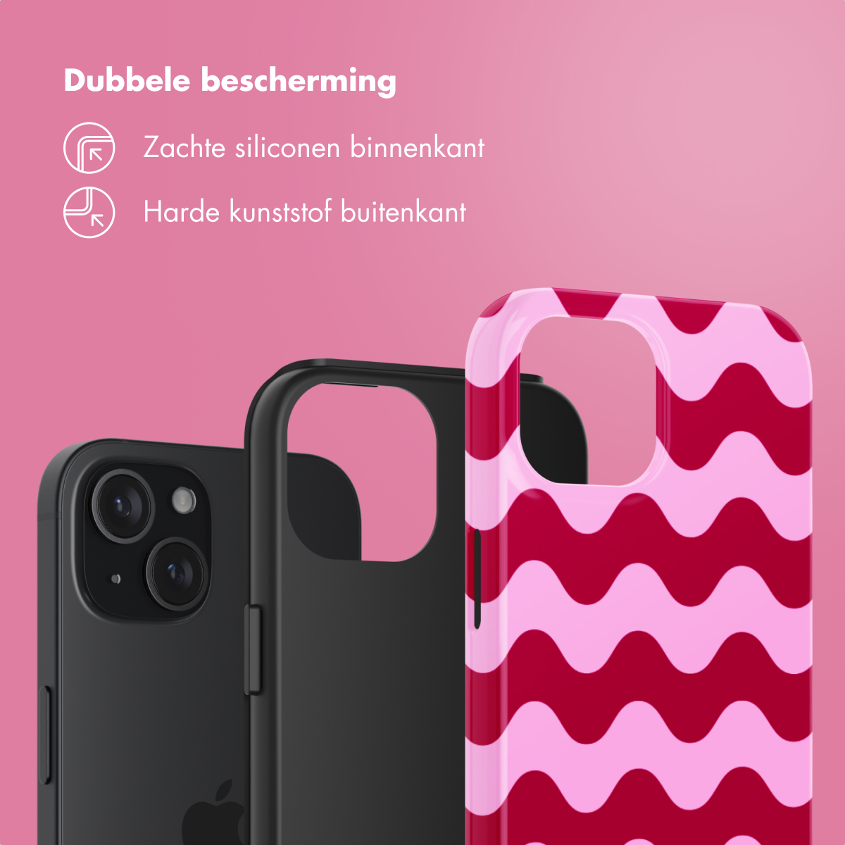 Custodia per telefono con design rosa e rosso a onde, tre custodie visibili.