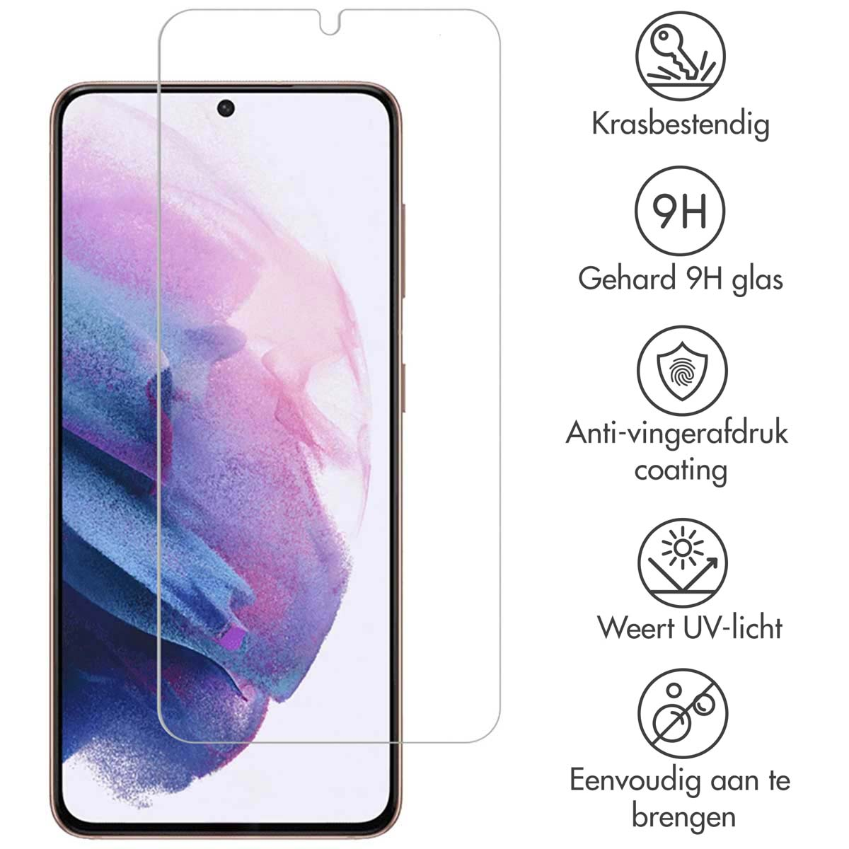 Protecteur d'écran pour smartphone avec icônes décrivant les fonctionnalités. Téléphone visible.