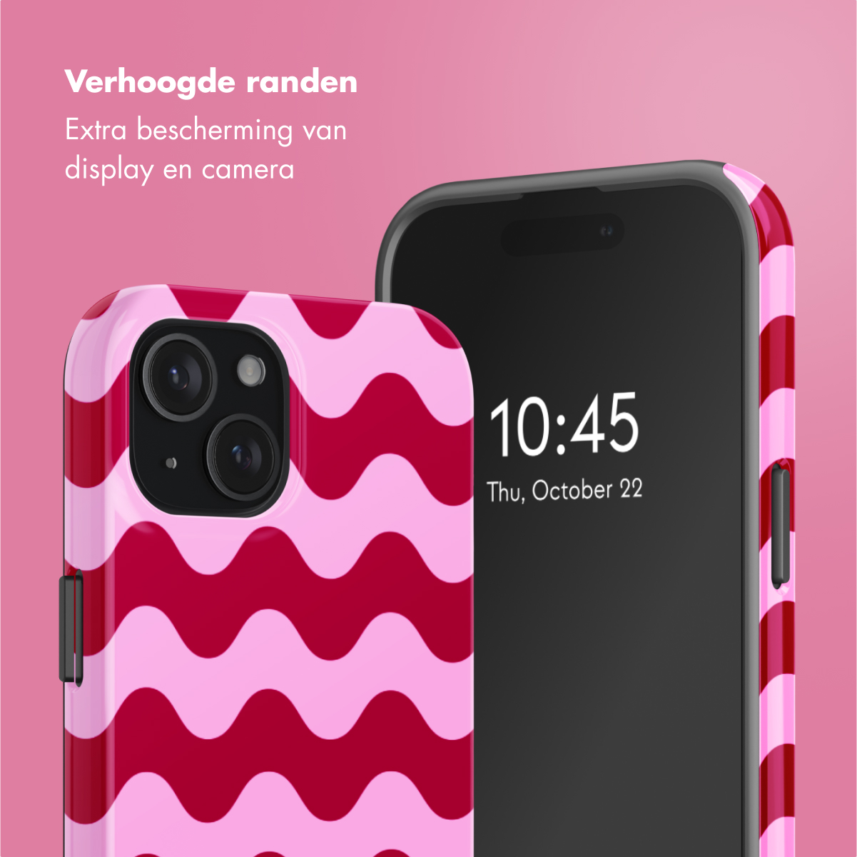 Una custodia per telefono con un motivo ondulato rosa e rosso, e un telefono con l'ora.