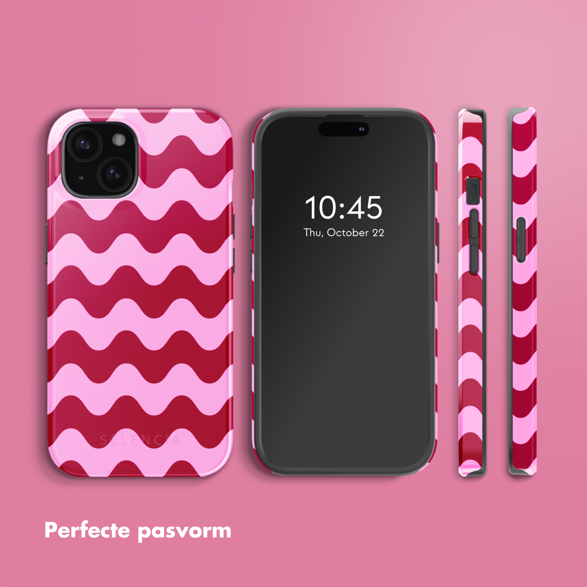 Custodia rosa con motivo a onde con tre telefoni. È visibile un orologio.