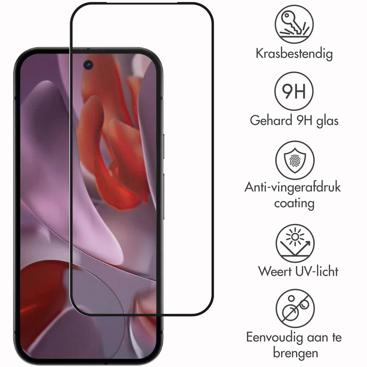 Téléphone avec un protecteur d'écran et des icônes décrivant les fonctionnalités sont visibles.