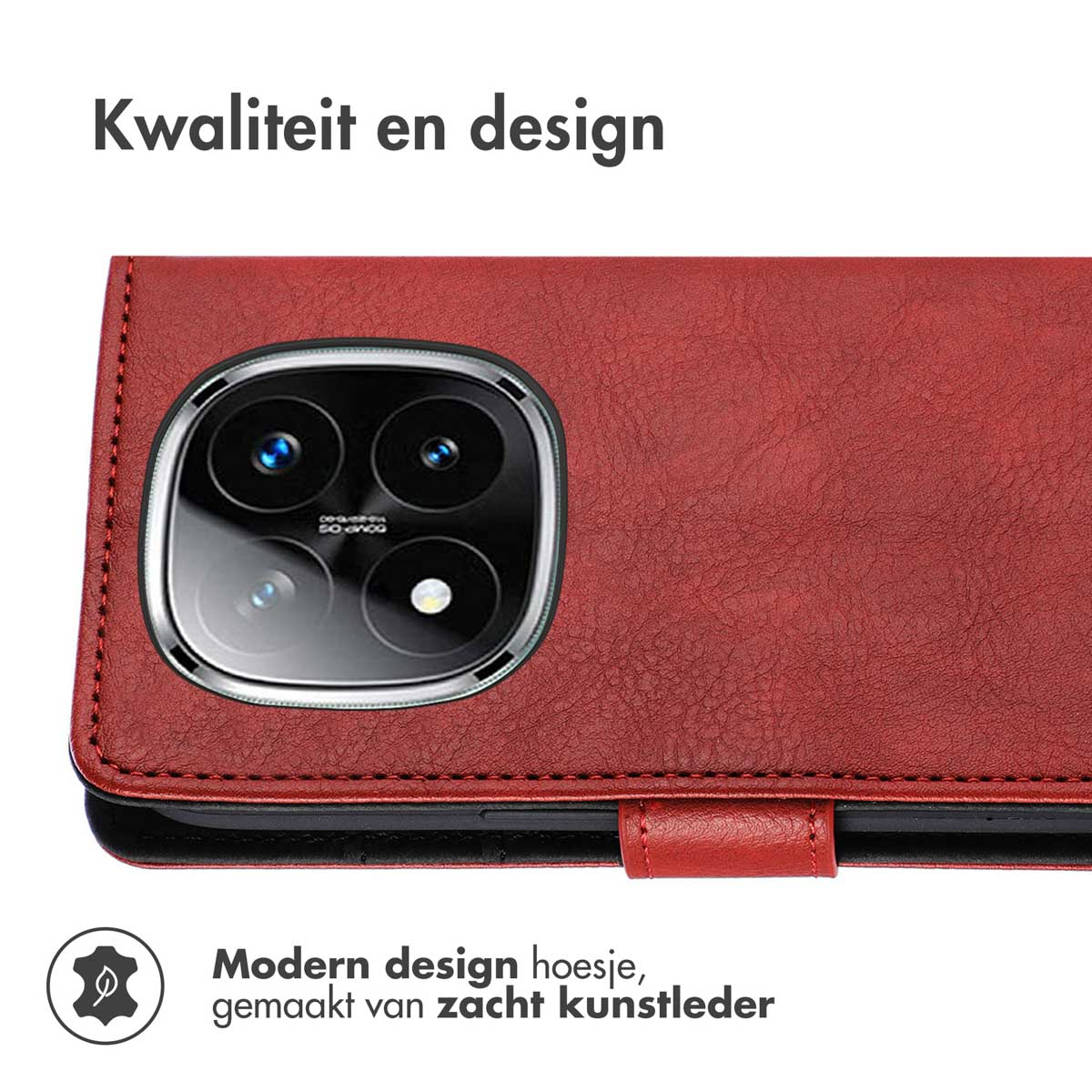 Rode telefoonhoes met camera en een zwarte telefoon.