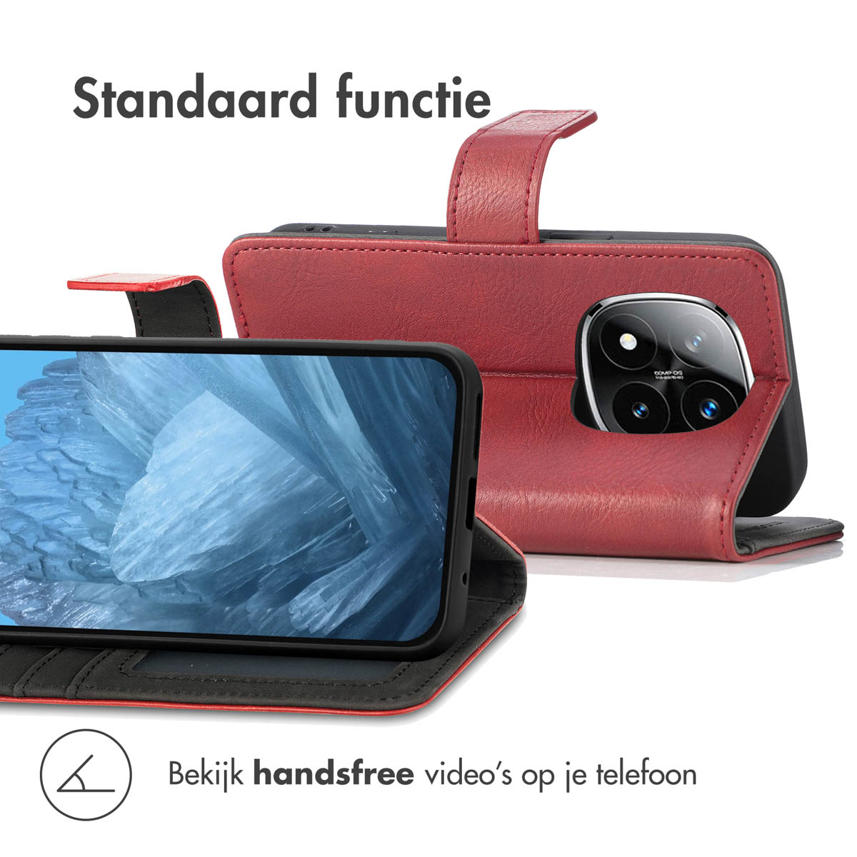 Rode telefoonhoes met telefoon en video op het scherm.
