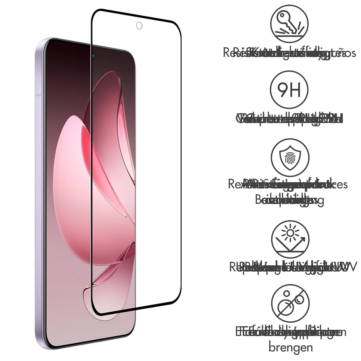 Téléphone avec protecteur d'écran et icônes.