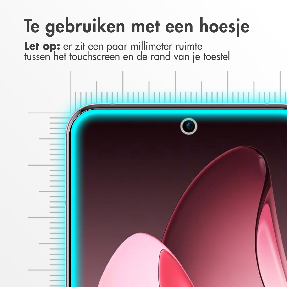 Gros plan sur un écran de téléphone avec un protecteur. Texte: Te gebruiken met een hoesje.