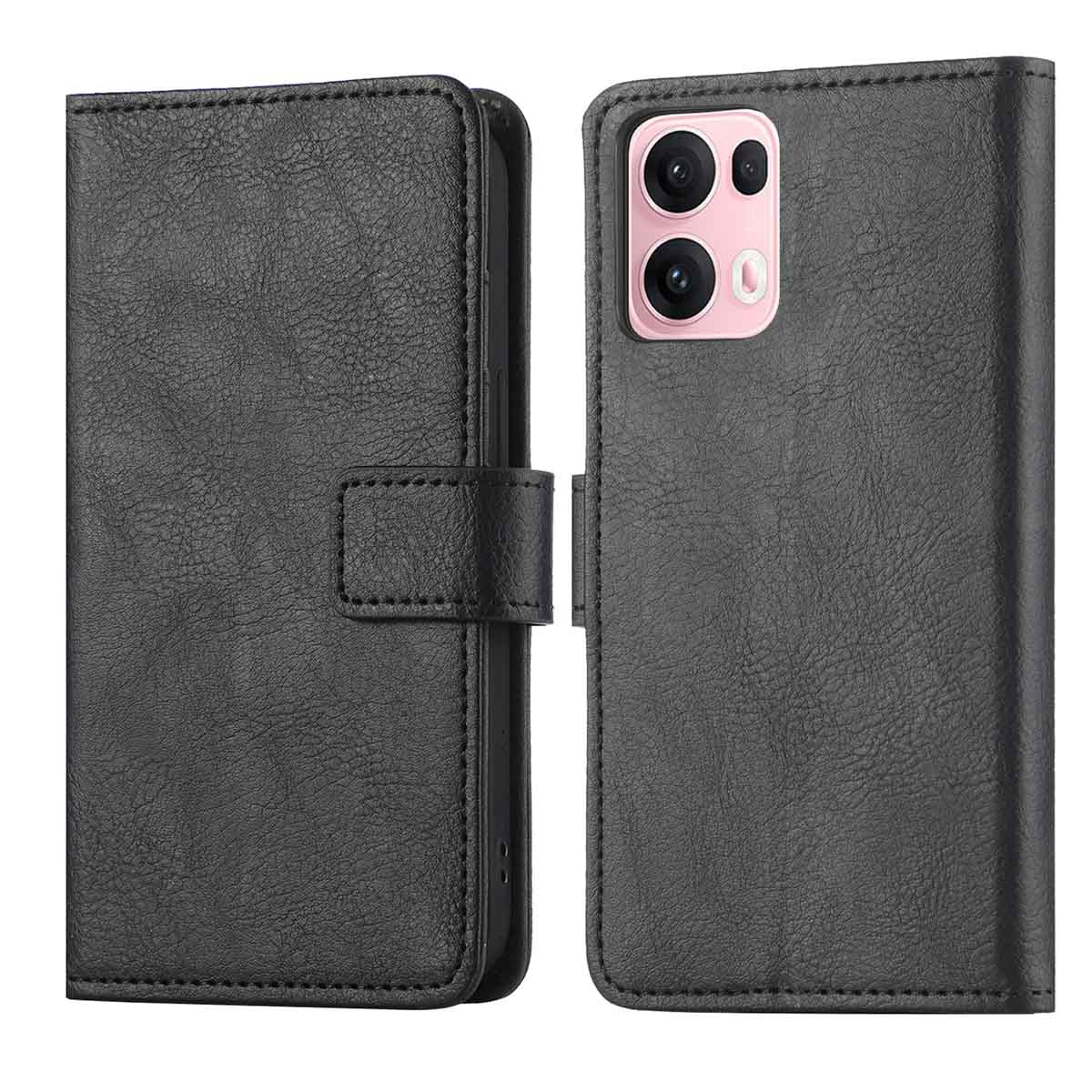 Étui de téléphone en cuir noir, ouvert, avec un téléphone à l'intérieur.