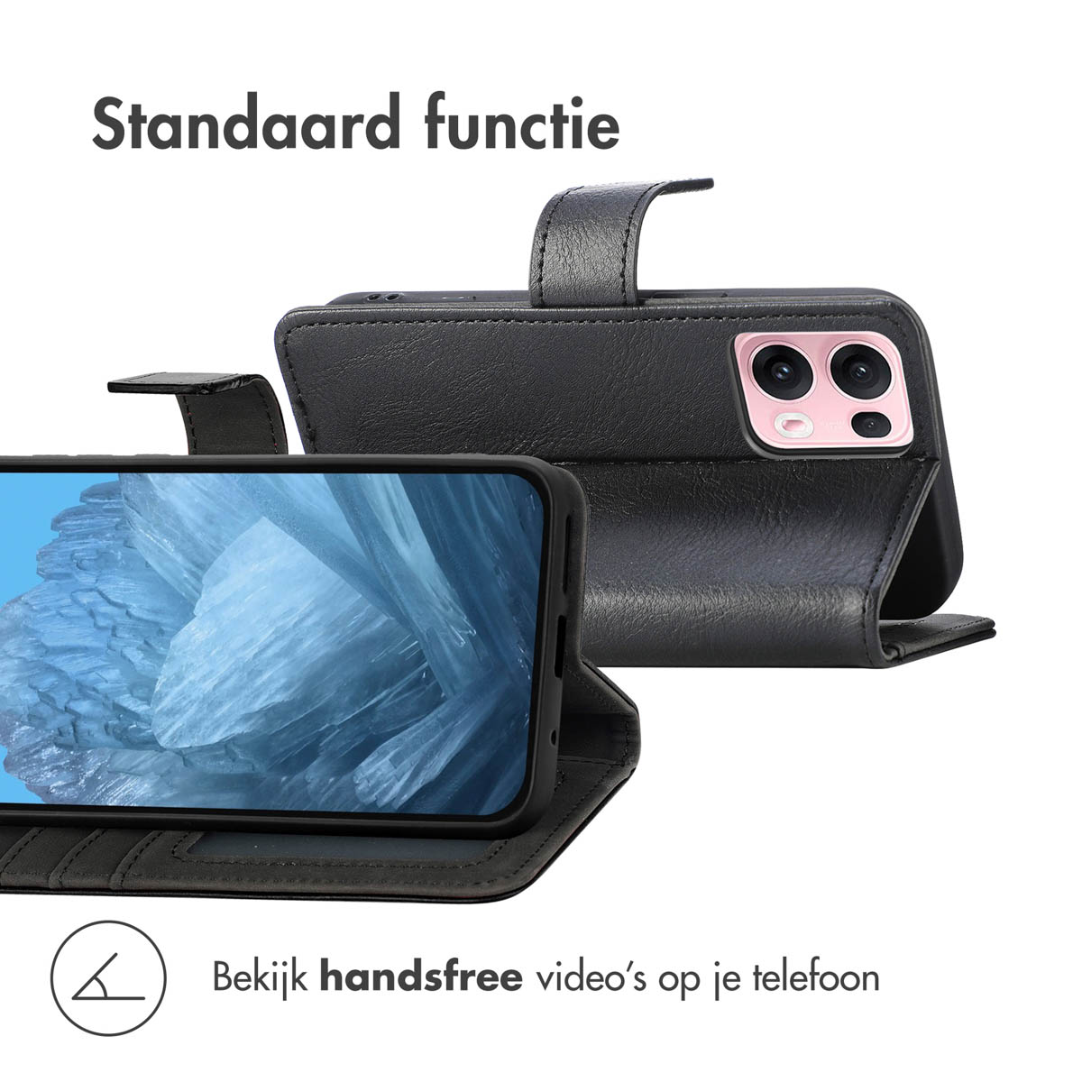 Coque de téléphone noire, montrant le téléphone et l'écran.