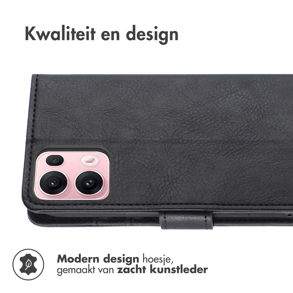 Étui de téléphone noir fermé. Texte dit 'Qualité et design' en néerlandais.