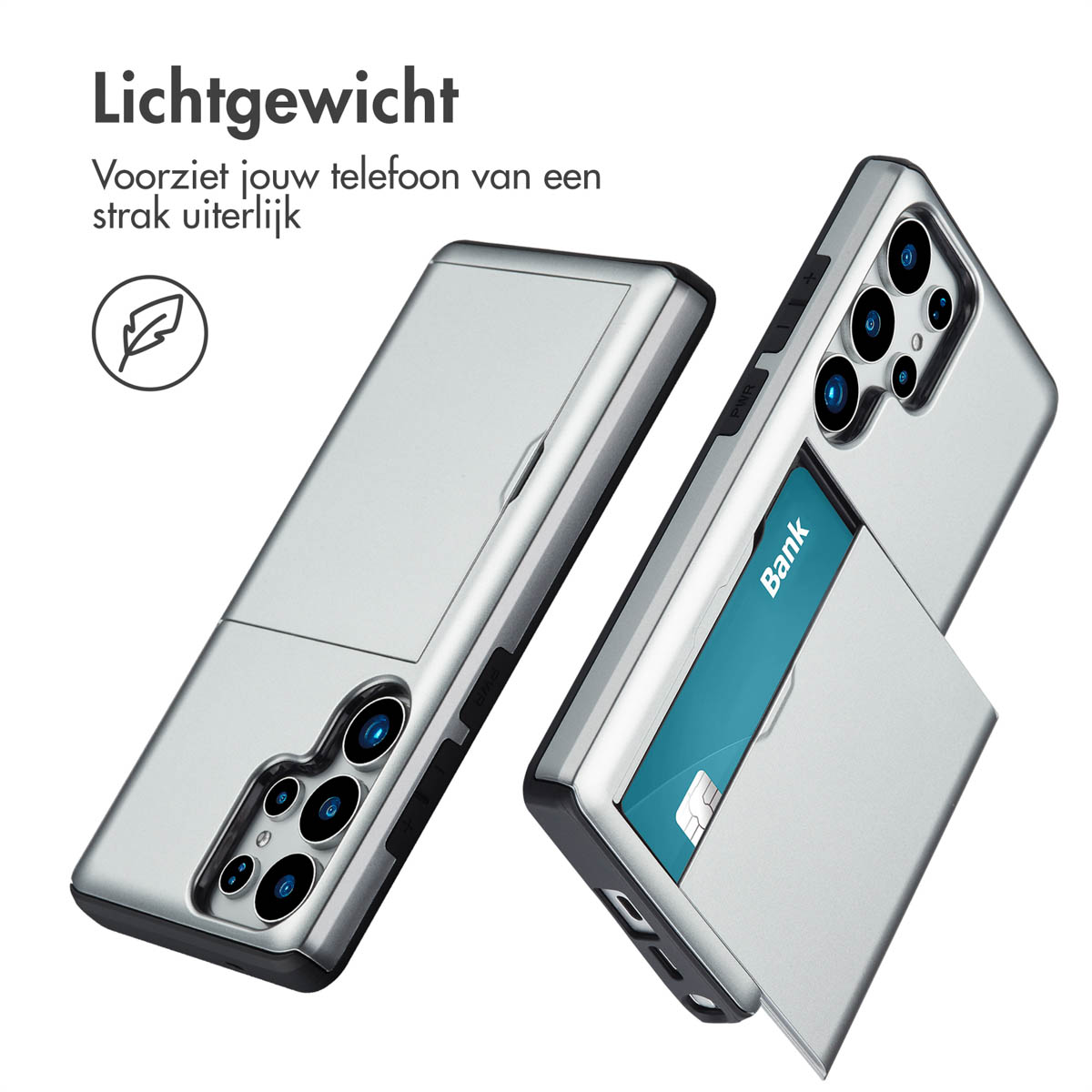 Zilveren telefoonhoes met kaarthouder. Er worden twee telefoons getoond.