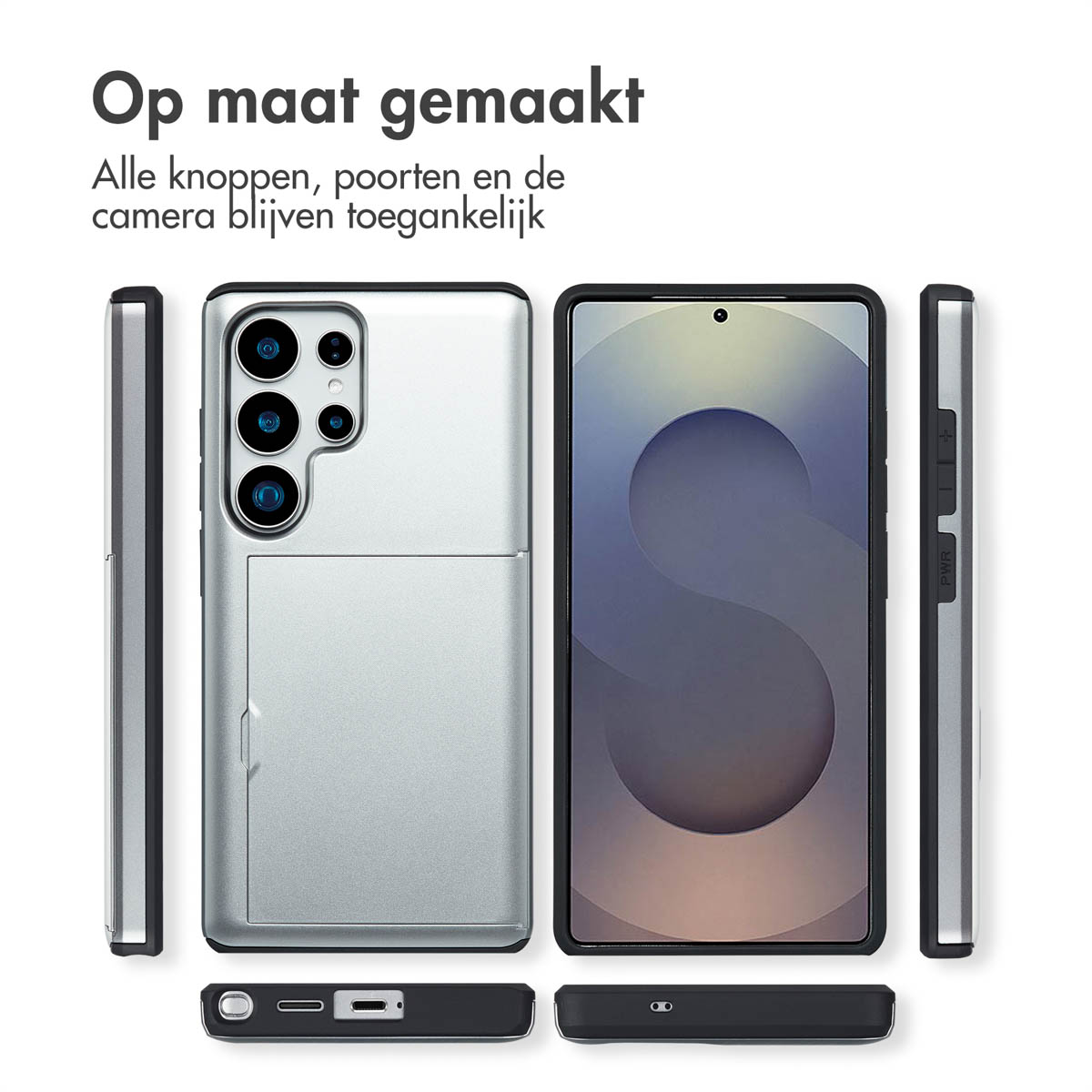 Telefoon in zilveren hoesje. Hoesje heeft camera-uitsparingen en een kaartsleuf. Tekst: Op maat gemaakt.