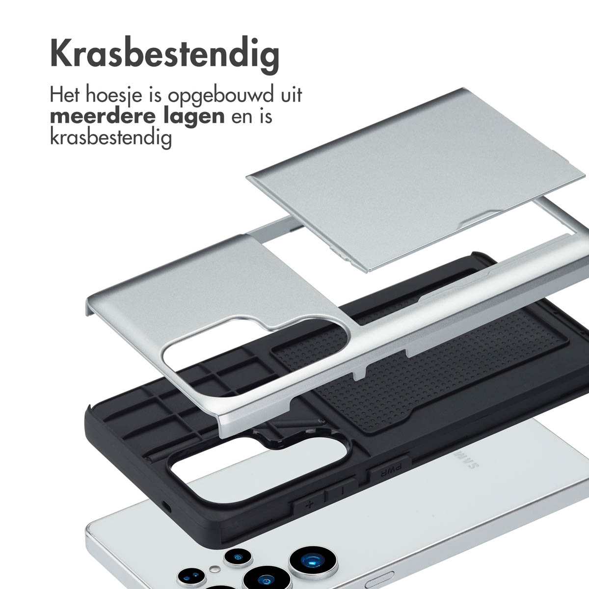 Exploded view van een telefoonhoesje. Lagen omvatten een zilveren bovenkant, een zwarte binnenlaag en een zilveren achterkant.