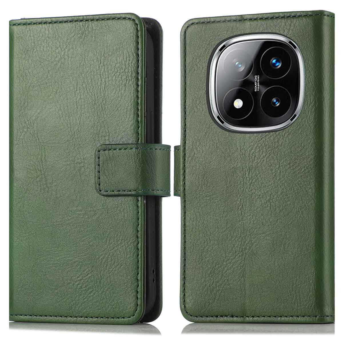 Groene leren telefoonhoes, open om de telefoon te tonen, met cameradetails.