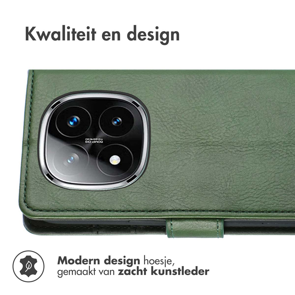 Groene telefoonhoes, close-up. Kenmerken zijn een camera-uitsparing en een magnetische sluiting.