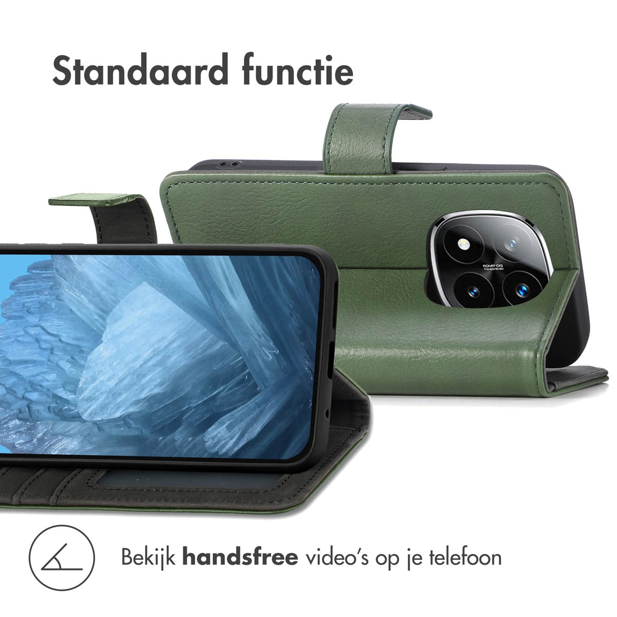 Groene telefoonhoes met een telefoon erin. De telefoon toont een video.